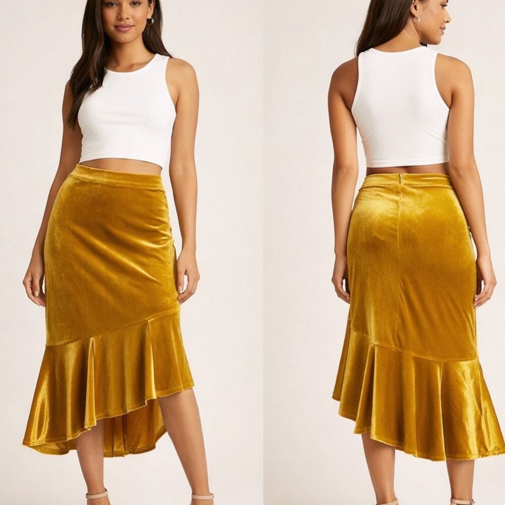 Mustard Gold Velvet Midi Skirt M Asymmetrical Ruffle  Boho Salsa skirt Festival
